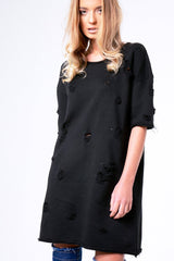 Black Distressed Detail Short Sleeved Jumper Dress - Cammie