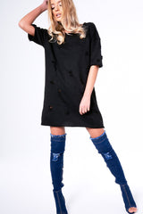 Black Distressed Detail Short Sleeved Jumper Dress - Cammie