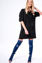 Black Distressed Detail Short Sleeved Jumper Dress - Cammie