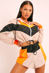 Orange Grey Black Colour Block Hooded Jacket Shorts Tracksuit Co-ord - Jettie
