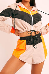 Orange Grey Black Colour Block Hooded Jacket Shorts Tracksuit Co-ord - Jettie