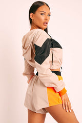 Orange Grey Black Colour Block Hooded Jacket Shorts Tracksuit Co-ord - Jettie