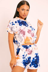 White Blue Tie-Dye Hoodie and Shorts Loungewear Co-ord - Makaia