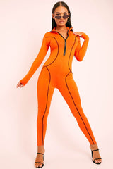 Orange Seam Detail Zip Front Jumpsuit - Liana
