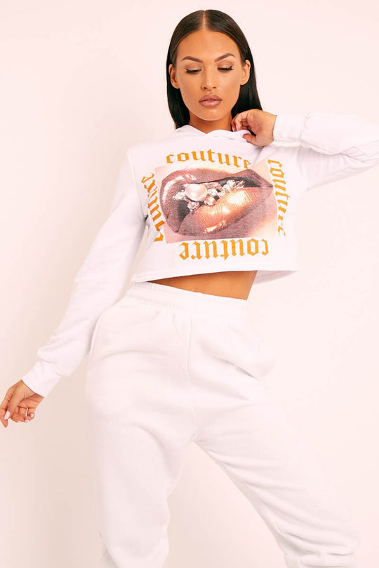 White Couture Graphic Cropped Hoodie - Camia