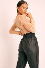 Beige Metallic Puff Sleeve High Neck Top - Blaike