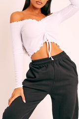 White Ribbed Bardot Crop Top - Daniah