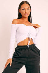 White Ribbed Bardot Crop Top - Daniah