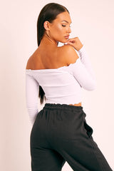 White Ribbed Bardot Crop Top - Daniah