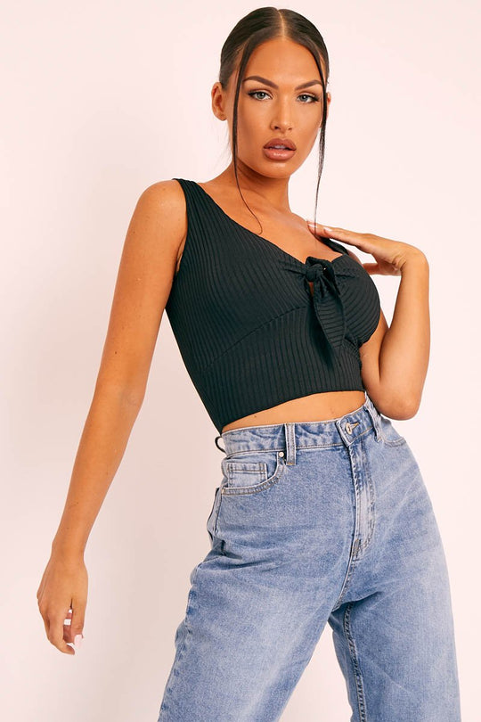 Black Tie Bow Ribbed Crop Top - Naziah