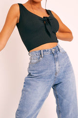 Black Tie Bow Ribbed Crop Top - Naziah