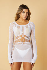 White Mesh Cut Out Detail Mini Dress - Kaori