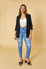 Black Ruched Sleeves Longline Blazer - Emica