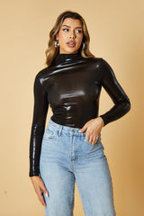 Black Metallic High Neck Long sleeve Top - Maho