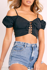 Black Bardot Milkmaid Lace Up Crop Top - Abigail