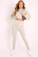 Sage Ribbed Puff Sleeve Top Loungewear Co-ord - Effy