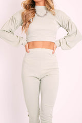 Sage Ribbed Puff Sleeve Top Loungewear Co-ord - Effy