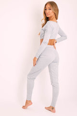 Grey Plunge Neck Cropped Loungewear Co-ord Set - Darcie