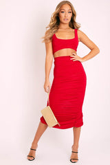Red Slinky Bralet and Ruched Midi Skirt Co-ord - Valentia