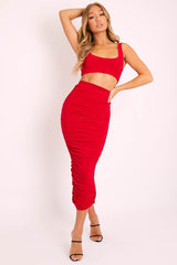 Red Slinky Bralet and Ruched Midi Skirt Co-ord - Valentia