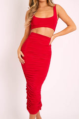 Red Slinky Bralet and Ruched Midi Skirt Co-ord - Valentia