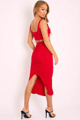 Red Slinky Bralet and Ruched Midi Skirt Co-ord - Valentia