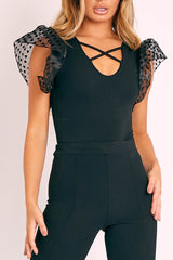 Black Heart Mesh Frill Sleeve Bodysuit - Orianna