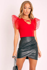 Red Heart Mesh Frill Sleeve Bodysuit - Orianna