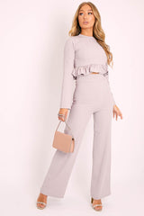 Grey Ribbed Frill Hem Top and Wide Leg Trouser Co-ord - Blayke