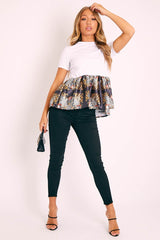 White Scarf Print Satin Ruffle Hem T-Shirt - Mailyn
