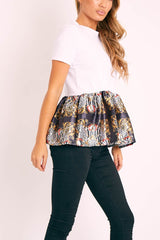 White Scarf Print Satin Ruffle Hem T-Shirt - Mailyn