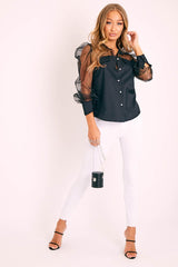 Black Half Mesh Puff Sleeve Shirt - Hallie