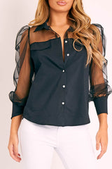 Black Half Mesh Puff Sleeve Shirt - Hallie