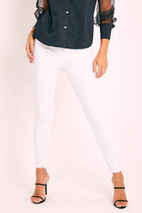 White High Waist Raw Hem Skinny Jeans - Calissa