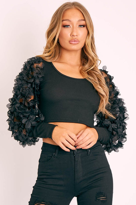 Black Sheer Frill Sleeve Ribbed Crop Top - Nelly