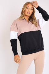 Nude White Black Stripe Zip Front Hoodie - Tyra