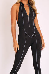Black Reflective Seam Zip Front Backless Jumpsuit - Raegann