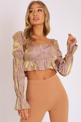 Nude Gold Metallic Square Neck Crop Top - Gabryelle