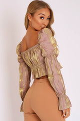 Nude Gold Metallic Square Neck Crop Top - Gabryelle