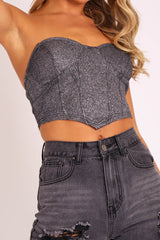 Black Glitter Corset Detail Bralet - Delmy