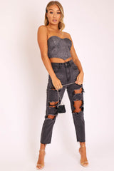 Black Glitter Corset Detail Bralet - Delmy