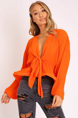 Orange Extreme Plunge Structured Peplum Pleated Top - Ivy