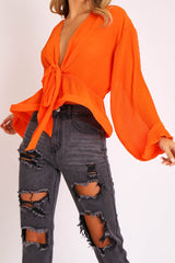 Orange Extreme Plunge Structured Peplum Pleated Top - Ivy