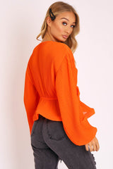 Orange Extreme Plunge Structured Peplum Pleated Top - Ivy