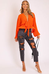 Orange Extreme Plunge Structured Peplum Pleated Top - Ivy