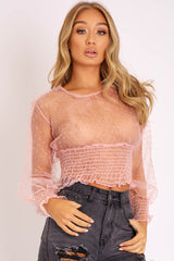 Pink Mesh Swiss Dot Ruched Hem Top - Jozi