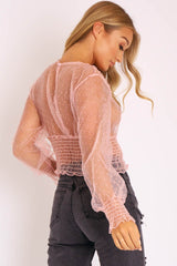 Pink Mesh Swiss Dot Ruched Hem Top - Jozi