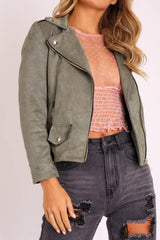 Khaki Faux Suede Zip Front Biker Jacket - Isadora