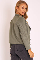 Khaki Faux Suede Zip Front Biker Jacket - Isadora