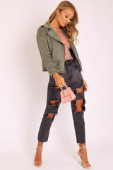 Khaki Faux Suede Zip Front Biker Jacket - Isadora